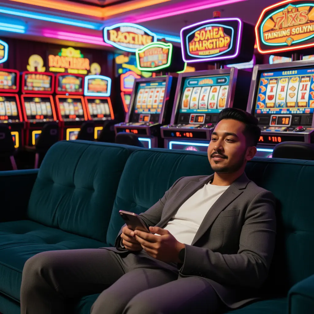 Tesoro77 App – Experience premium mobile casino entertainment in Mexico Stylish Mexican man relaxing on a sofa while using the Tesoro77 casino app with colorful slot machines and neon lights behind him