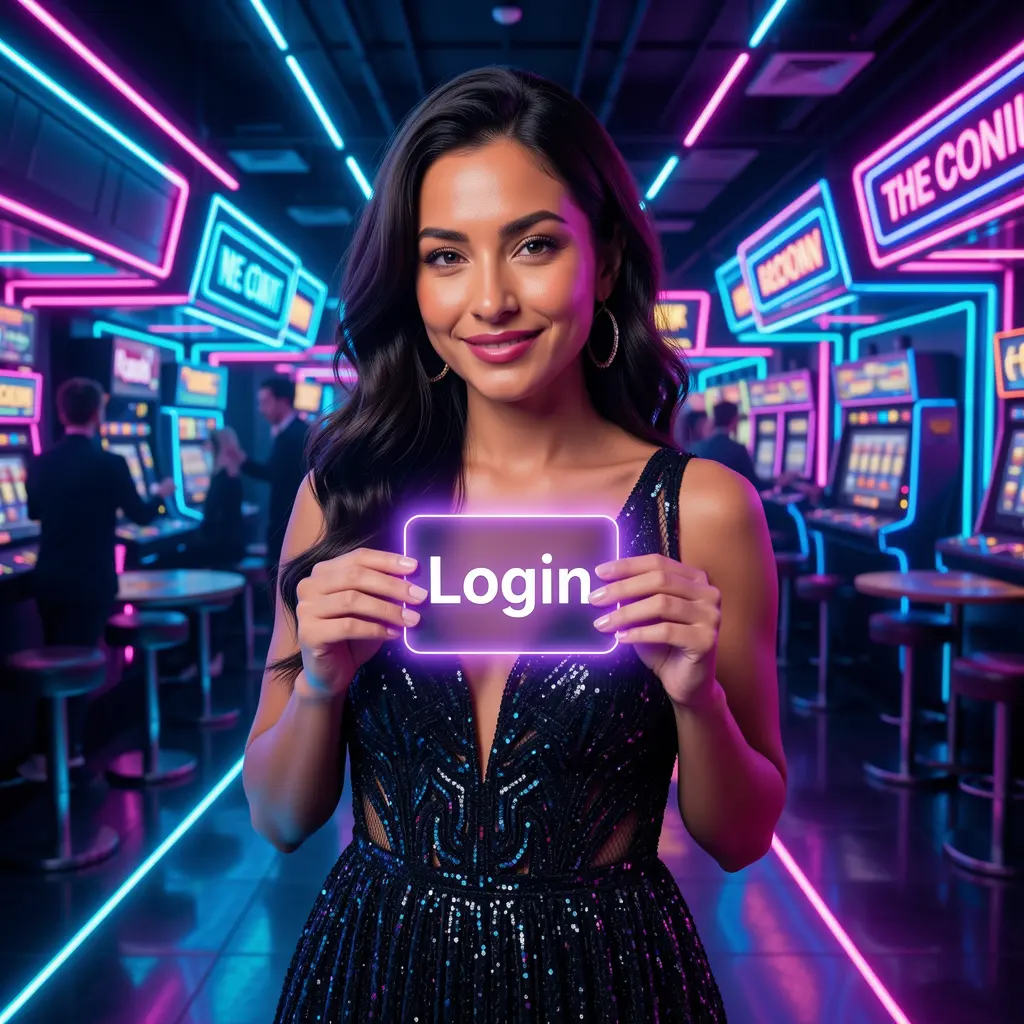 Tesoro77 Login – Enter your account and start playing in Mexico today Confident Mexican woman in a glamorous dress holding a glowing login card inside a futuristic casino atmosphere at Tesoro77